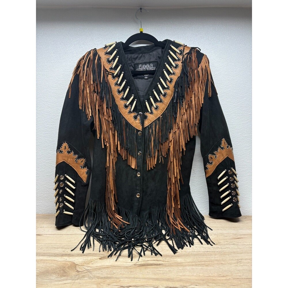 Leather Gallery Western Fringe Women Jacket Black & Brown Fox Bone Size: M